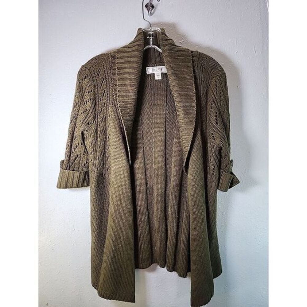 Decree‎ Cardigan Sweater Women Medium Dark Green Knit Open Short Sleeve